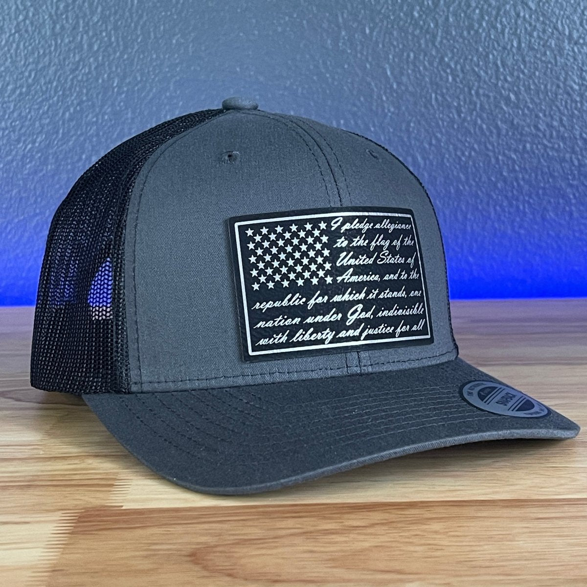 The Pledge Of Allegiance American Flag Patriotic SnapBack Trucker BLK/SILV Leather Patch Hat Charcoal Patch Hat