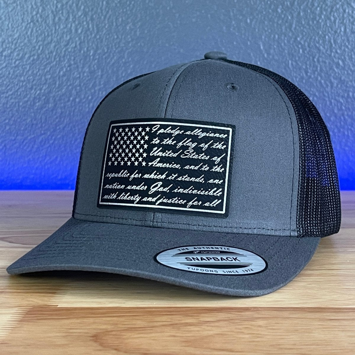 The Pledge Of Allegiance American Flag Patriotic SnapBack Trucker BLK/SILV Leather Patch Hat Charcoal Patch Hat