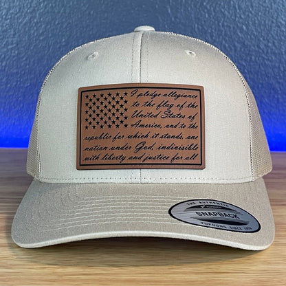 The Pledge Of Allegiance American Flag Patriotic SnapBack Trucker Leather Patch Hat Khaki Patch Hat