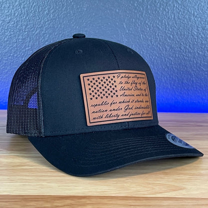 The Pledge Of Allegiance American Flag Patriotic SnapBack Trucker Rawhide Leather Patch Black Hat Patch Hat