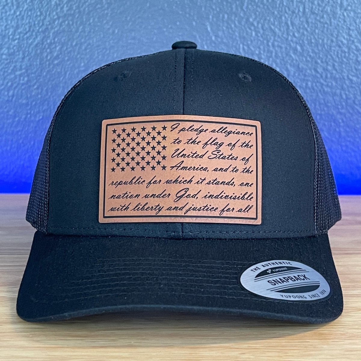 The Pledge Of Allegiance American Flag Patriotic SnapBack Trucker Rawhide Leather Patch Black Hat Patch Hat