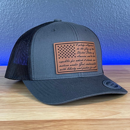 The Pledge Of Allegiance American Flag Patriotic SnapBack Trucker Rawhide Leather Patch Hat Charcoal Patch Hat