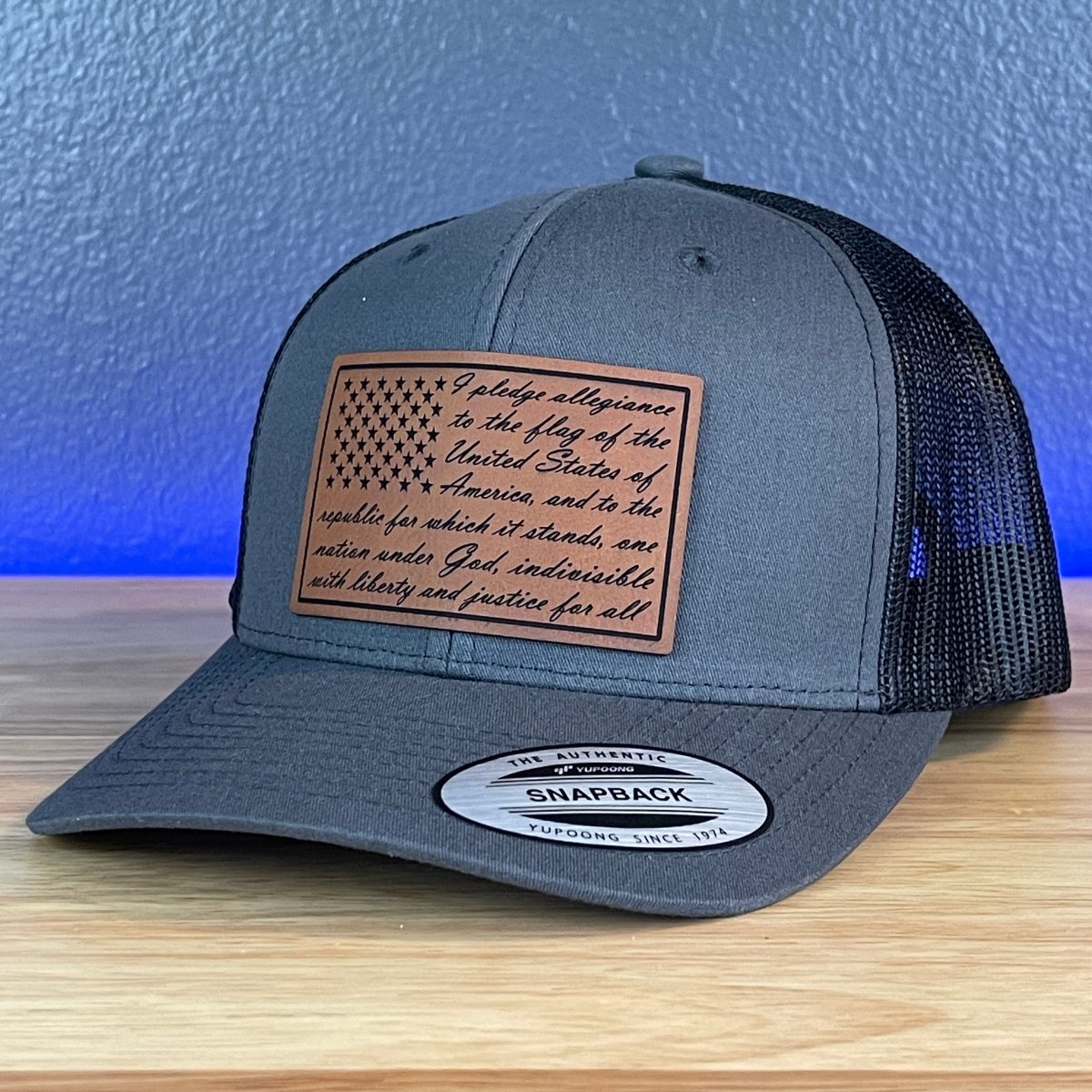 The Pledge Of Allegiance American Flag Patriotic SnapBack Trucker Rawhide Leather Patch Hat Charcoal Patch Hat