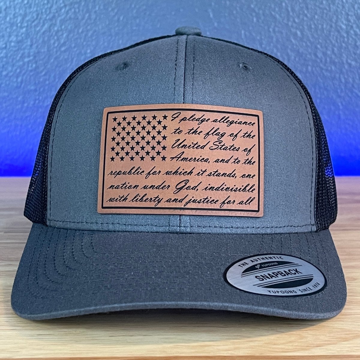 The Pledge Of Allegiance American Flag Patriotic SnapBack Trucker Rawhide Leather Patch Hat Charcoal Patch Hat