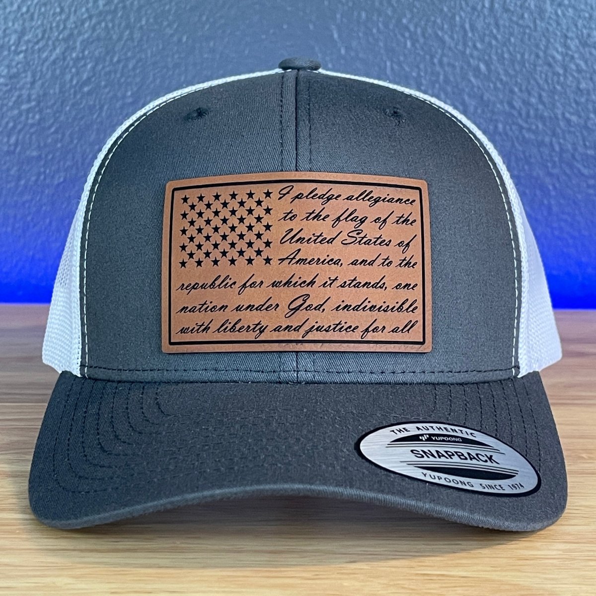 The Pledge Of Allegiance American Flag Patriotic SnapBack Trucker Rawhide Leather Patch Hat Charcoal/White Patch Hat