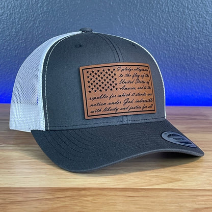 The Pledge Of Allegiance American Flag Patriotic SnapBack Trucker Rawhide Leather Patch Hat Charcoal/White Patch Hat