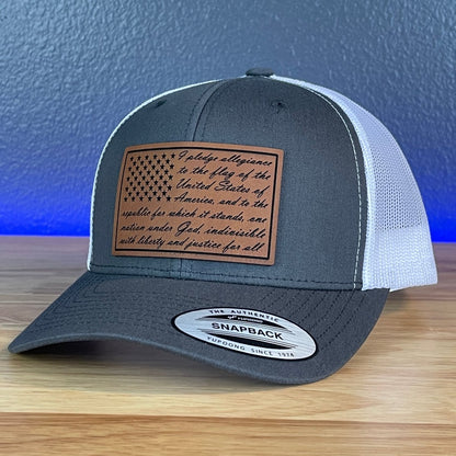 The Pledge Of Allegiance American Flag Patriotic SnapBack Trucker Rawhide Leather Patch Hat Charcoal/White Patch Hat