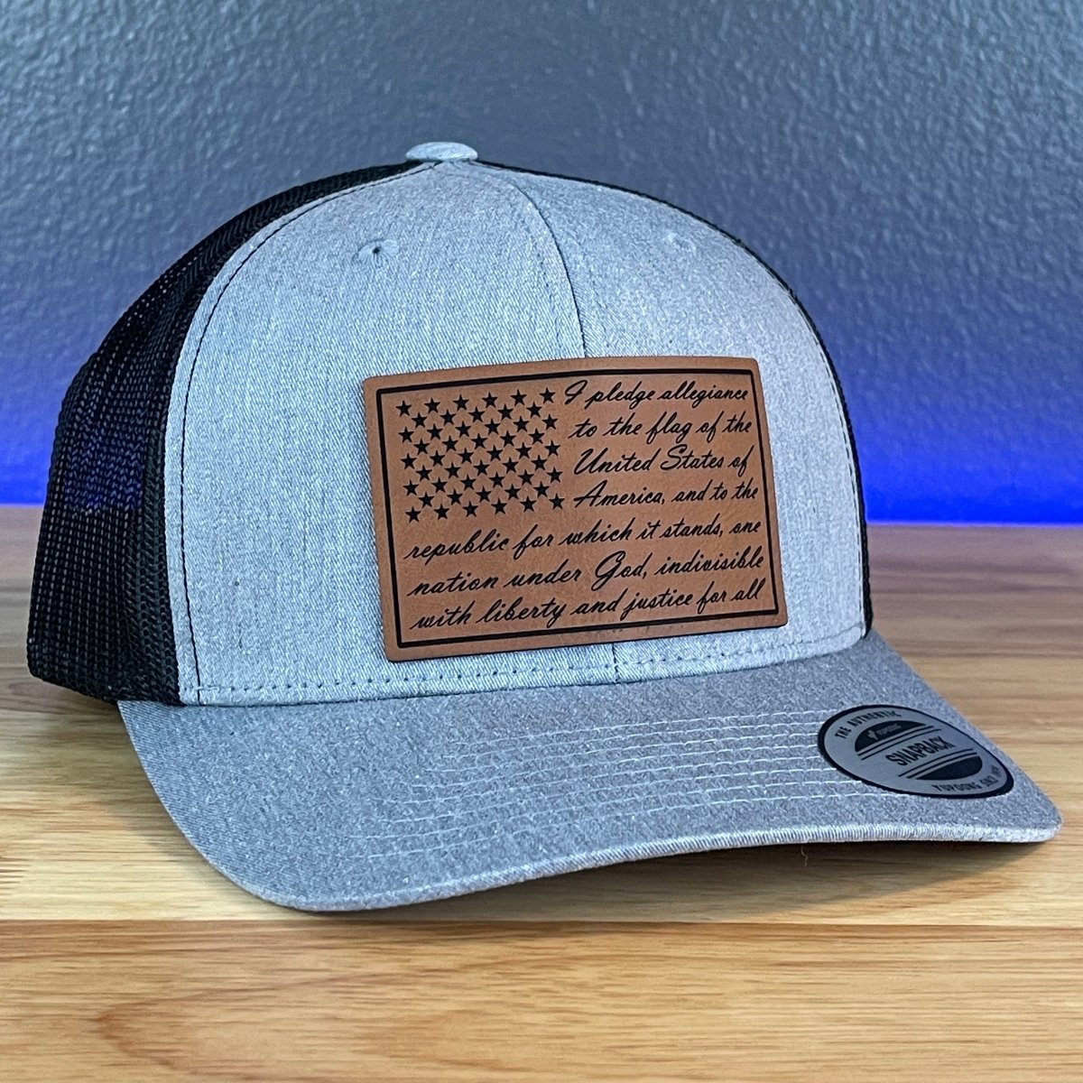 The Pledge of Allegiance American Flag Patriotic SnapBack Trucker Rawhide Leather Patch Hat Heather Grey/Black Patch Hat