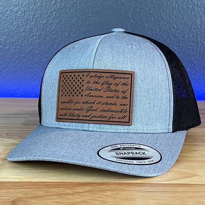 The Pledge of Allegiance American Flag Patriotic SnapBack Trucker Rawhide Leather Patch Hat Heather Grey/Black Patch Hat