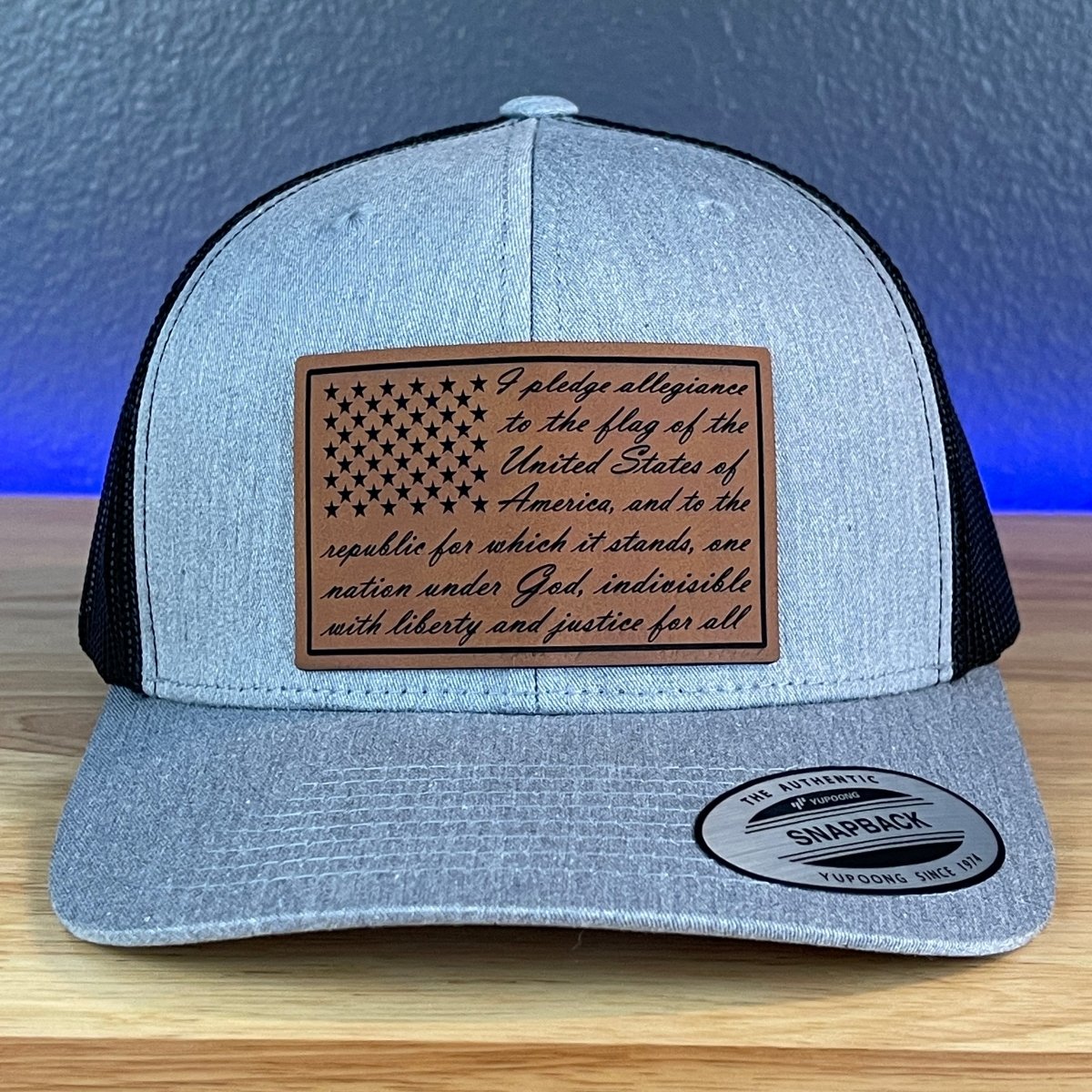 The Pledge of Allegiance American Flag Patriotic SnapBack Trucker Rawhide Leather Patch Hat Heather Grey/Black Patch Hat