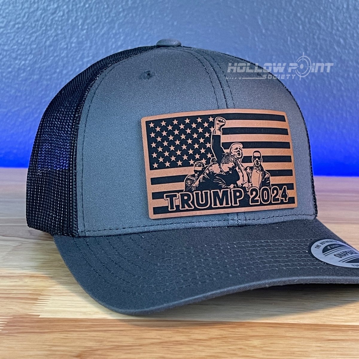 Trump 2024 American Flag SnapBack Trucker Rawhide Leather Patch Charcoal Hat Patch Hat