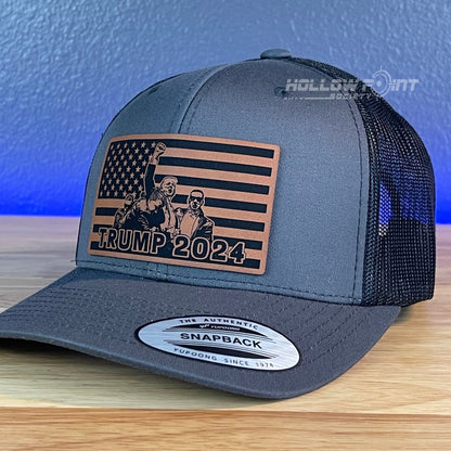 Trump 2024 American Flag SnapBack Trucker Rawhide Leather Patch Charcoal Hat Patch Hat