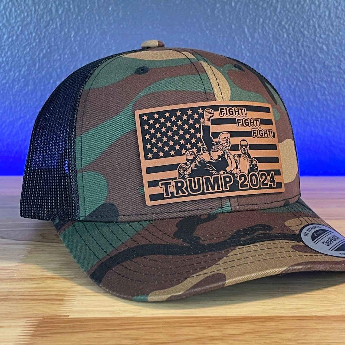 Trump 2024 Fight Fight Fight Flag SnapBack Trucker Rawhide Leather Patch Hat Camo/Black Patch Hat