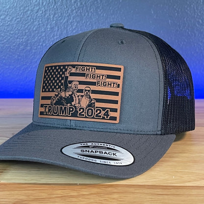 Trump 2024 Fight Fight Fight Flag SnapBack Trucker Rawhide Leather Patch Hat Charcoal Patch Hat