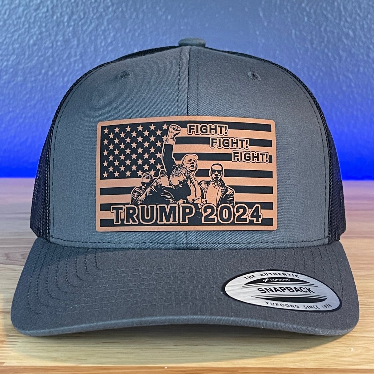 Trump 2024 Fight Fight Fight Flag SnapBack Trucker Rawhide Leather Patch Hat Charcoal Patch Hat