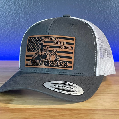 Trump 2024 Fight Fight Fight Flag SnapBack Trucker Rawhide Leather Patch Hat Charcoal/White Patch Hat