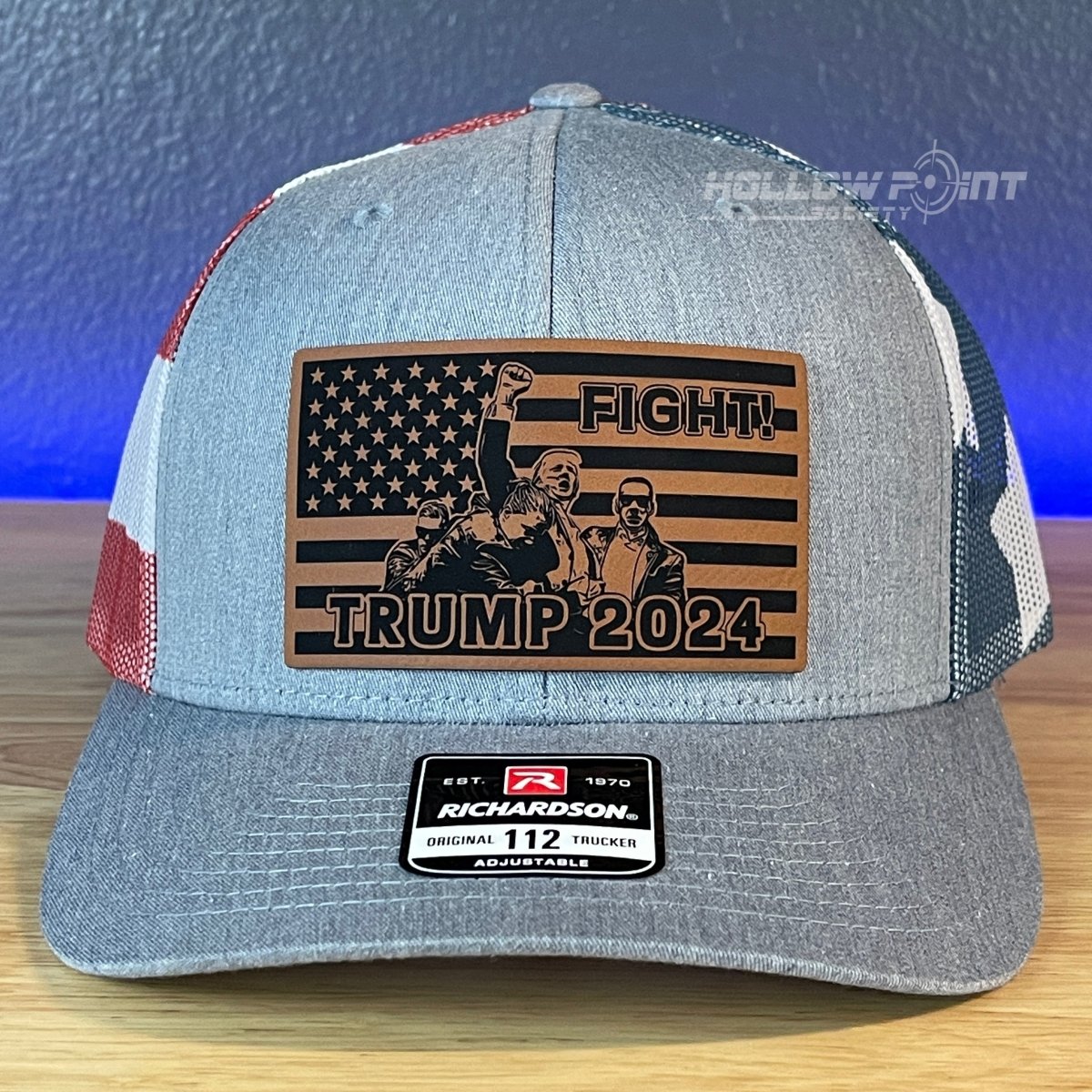 Trump 2024 Fight Flag Leather Patch SnapBack Trucker Hat Stars & Stripes Patch Hat