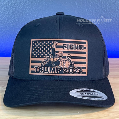 Trump 2024 Fight Flag SnapBack Trucker Rawhide Leather Patch Hat Black Patch Hat