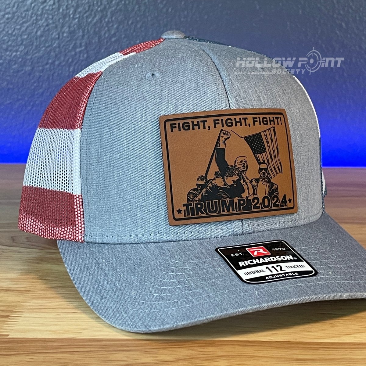 Trump 2024 Fight Square Leather Patch SnapBack Trucker Hat Stars & Stripes Patch Hat