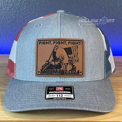 Trump 2024 Fight Square Leather Patch SnapBack Trucker Hat Stars & Stripes Patch Hat