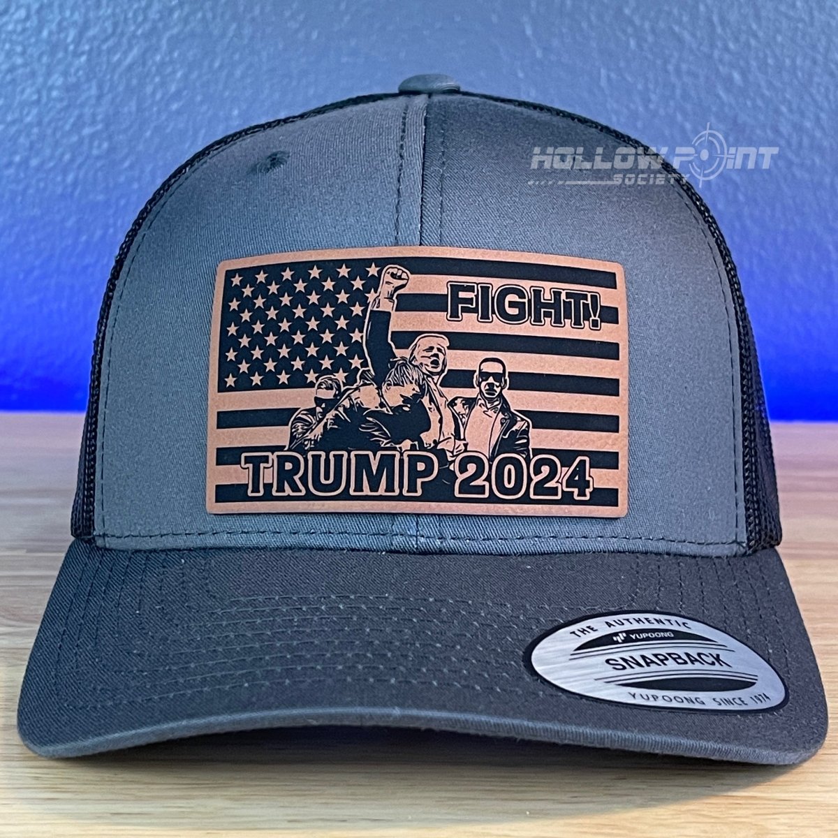 Trump 2024 SnapBack Trucker Rawhide Leather Fight Flag Patch Hat Charcoal Patch Hat