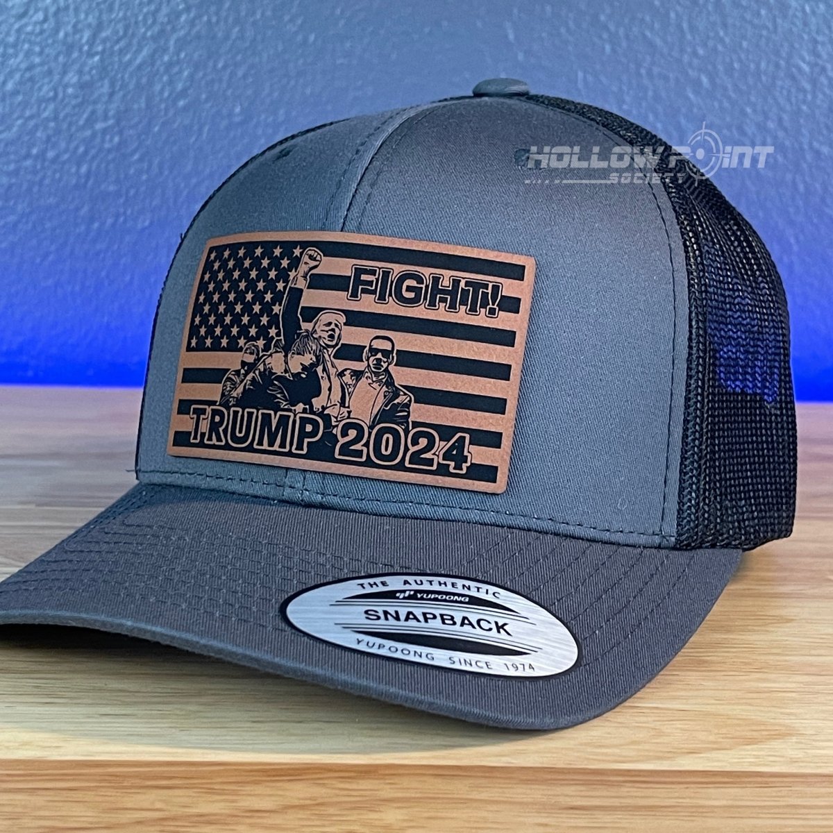 Trump 2024 SnapBack Trucker Rawhide Leather Fight Flag Patch Hat Charcoal Patch Hat