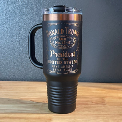 Trump 45 - 47 Tumbler Collector's Travel Mug with Handle 40oz Black/Rose Gold Laser Engraved Tumblers