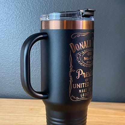 Trump 45 - 47 Tumbler Collector's Travel Mug with Handle 40oz Black/Rose Gold Laser Engraved Tumblers