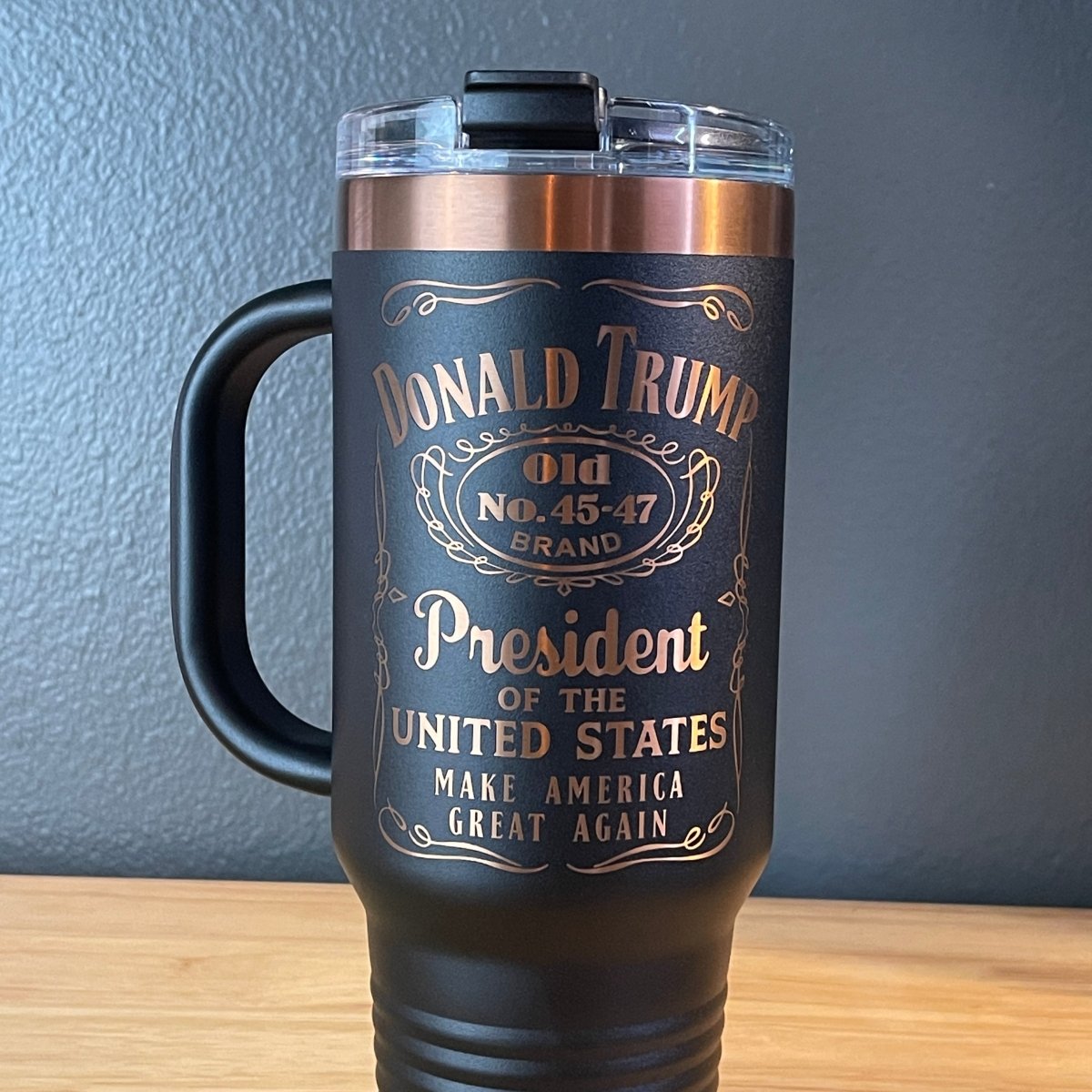 Trump 45 - 47 Tumbler Collector's Travel Mug with Handle 40oz Black/Rose Gold Laser Engraved Tumblers