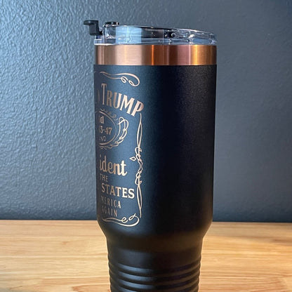 Trump 45 - 47 Tumbler Collector's Travel Mug with Handle 40oz Black/Rose Gold Laser Engraved Tumblers