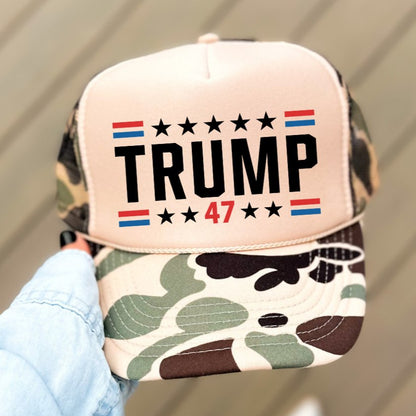 Trump 47 Hat Classic Foam Trucker Hat Tan/Camo Trucker Hat