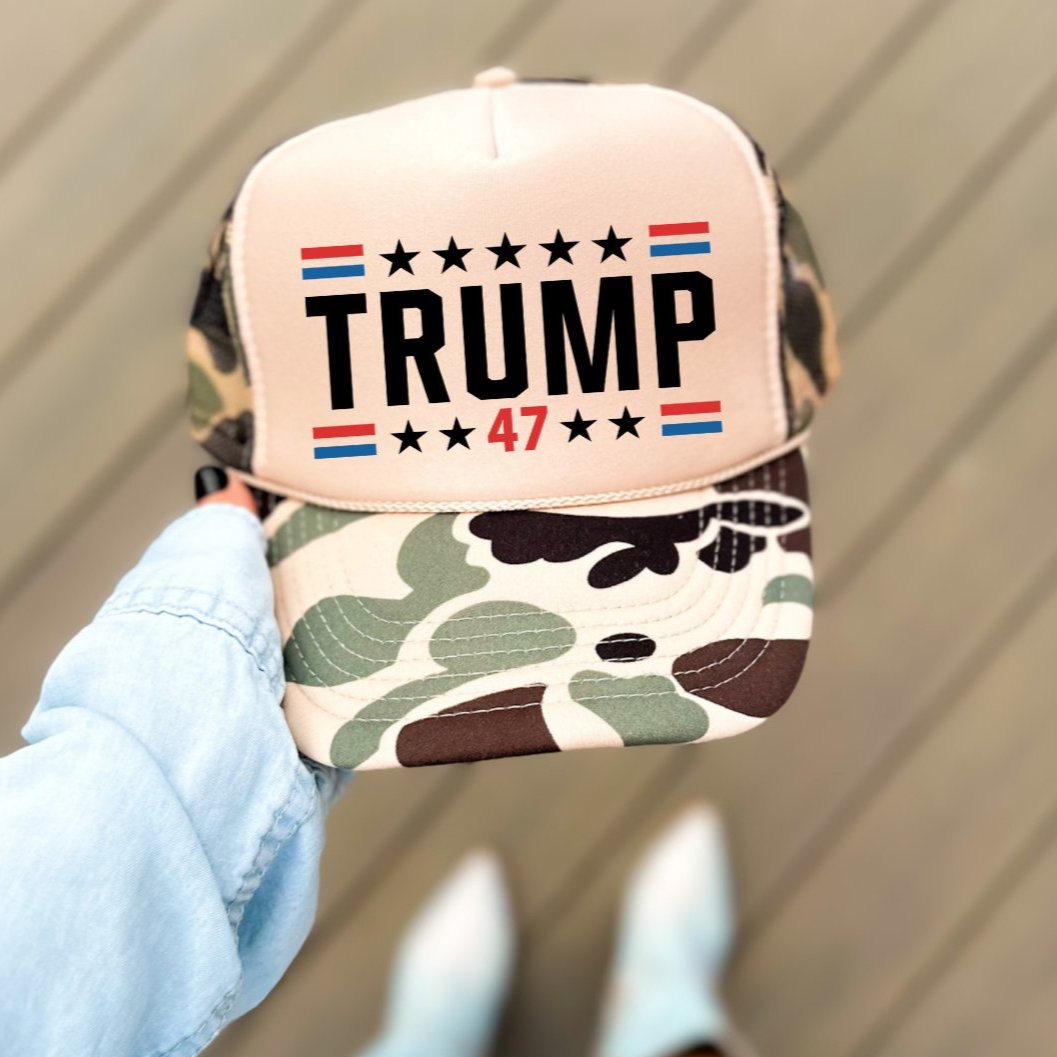 Trump 47 Hat Classic Foam Trucker Hat Tan/Camo Trucker Hat