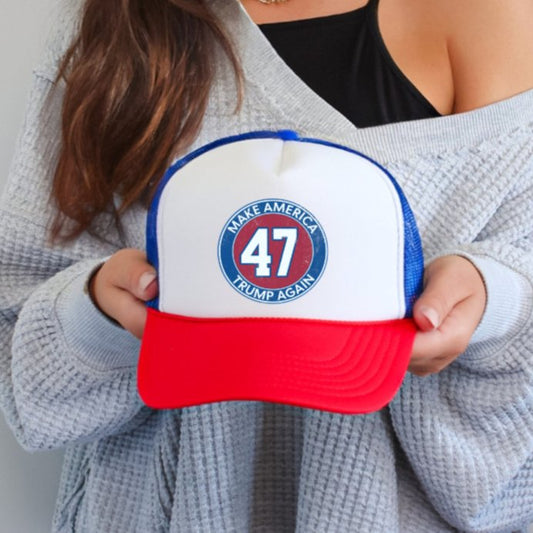 Trump 47 Round Classic Foam Trucker Hat Red White & Blue Trucker Hat