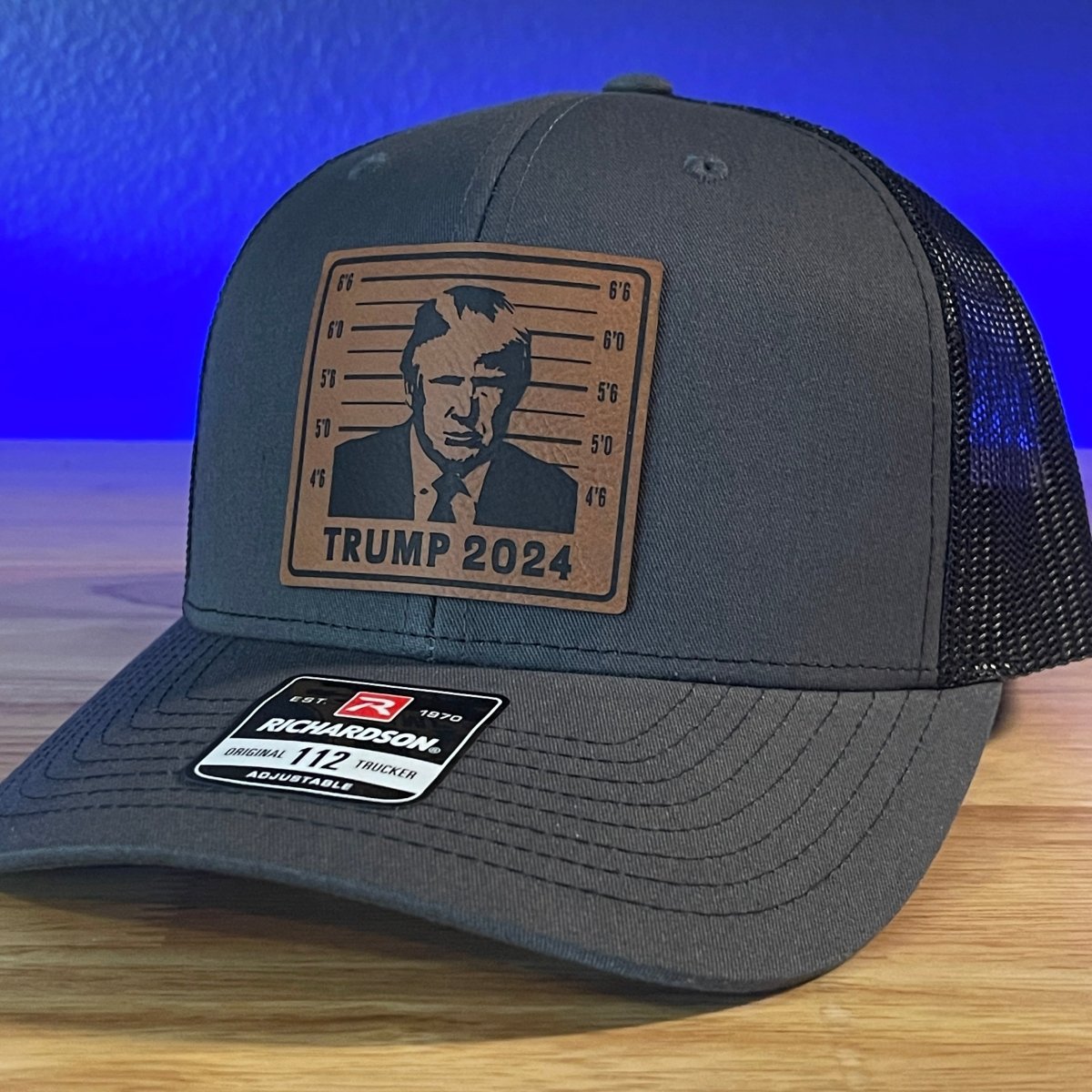 TRUMP MUGSHOT 2024 Patriotic Leather Patch Hat Charcoal/Black Patch Hat - VividEditions