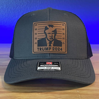 TRUMP MUGSHOT 2024 Patriotic Leather Patch Hat Charcoal/Black Patch Hat - VividEditions