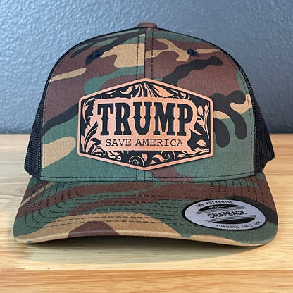 Trump Save America Snap Back Trucker Hat Leather Patch Patch Hat