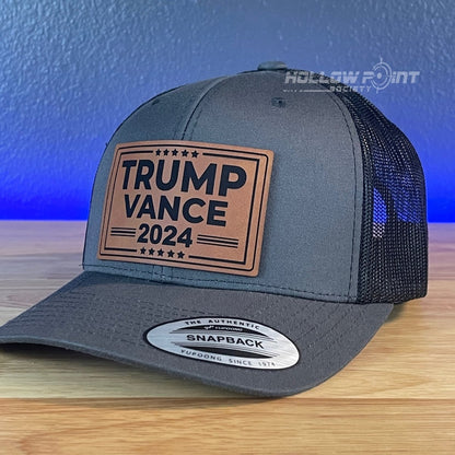 TRUMP VANCE 2024 SnapBack Trucker Rawhide Leather Patch Hat Charcoal Patch Hat