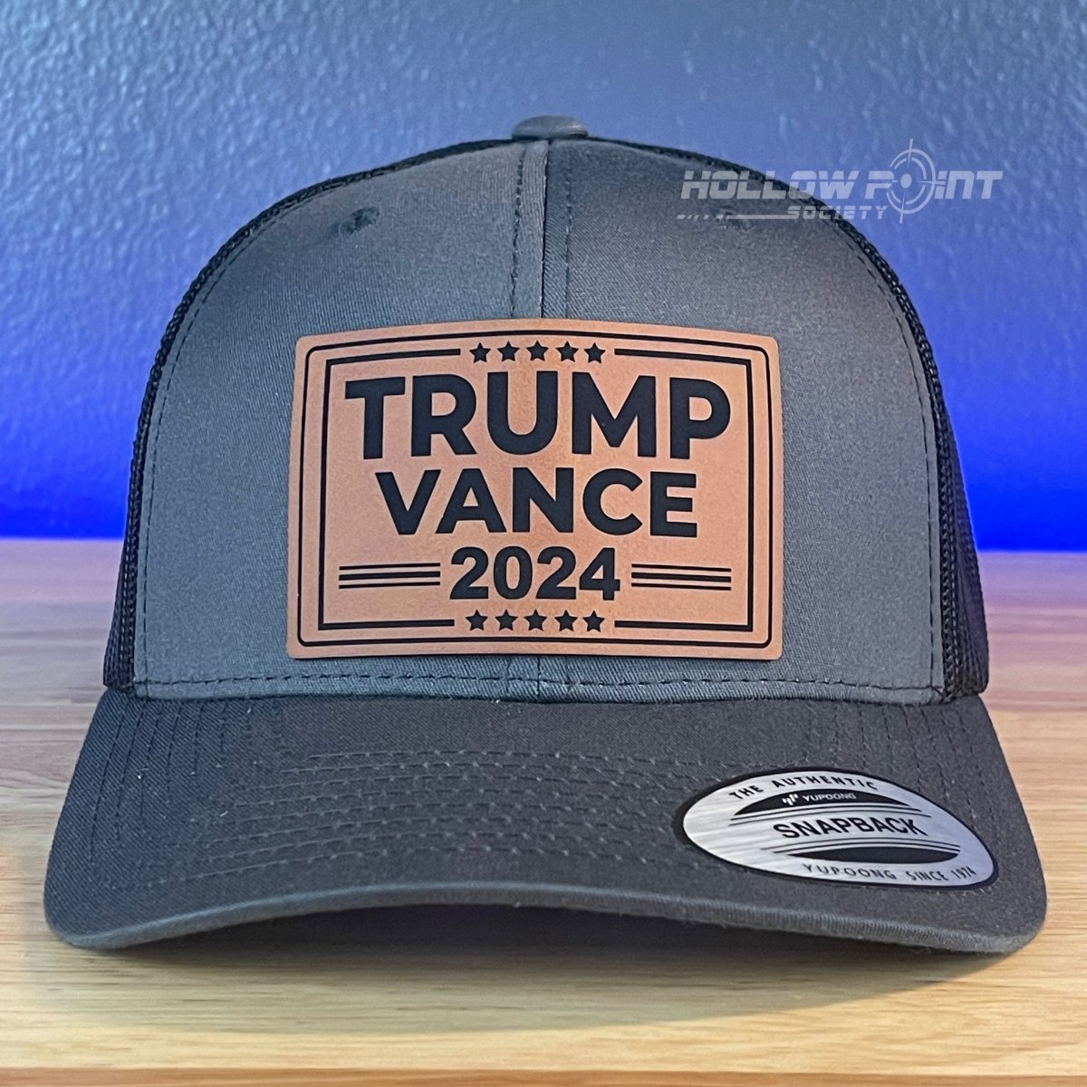 TRUMP VANCE 2024 SnapBack Trucker Rawhide Leather Patch Hat Charcoal Patch Hat