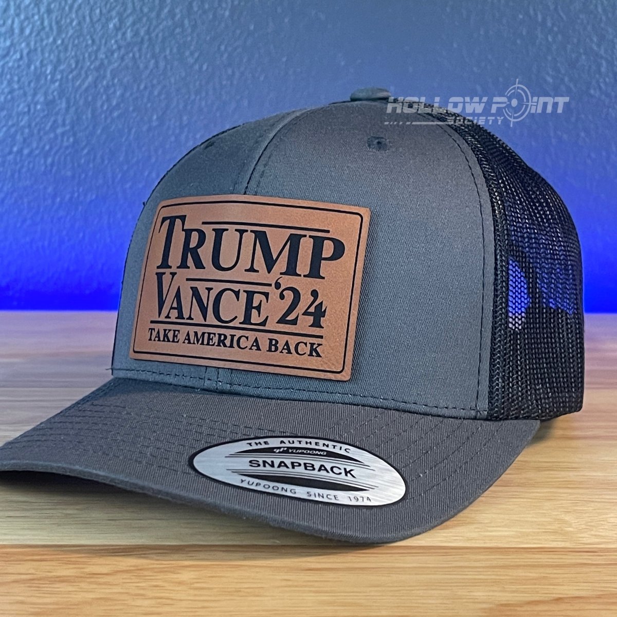 TRUMP VANCE 2024 Take America Back SnapBack Trucker Rawhide Leather Patch Hat Charcoal Patch Hat