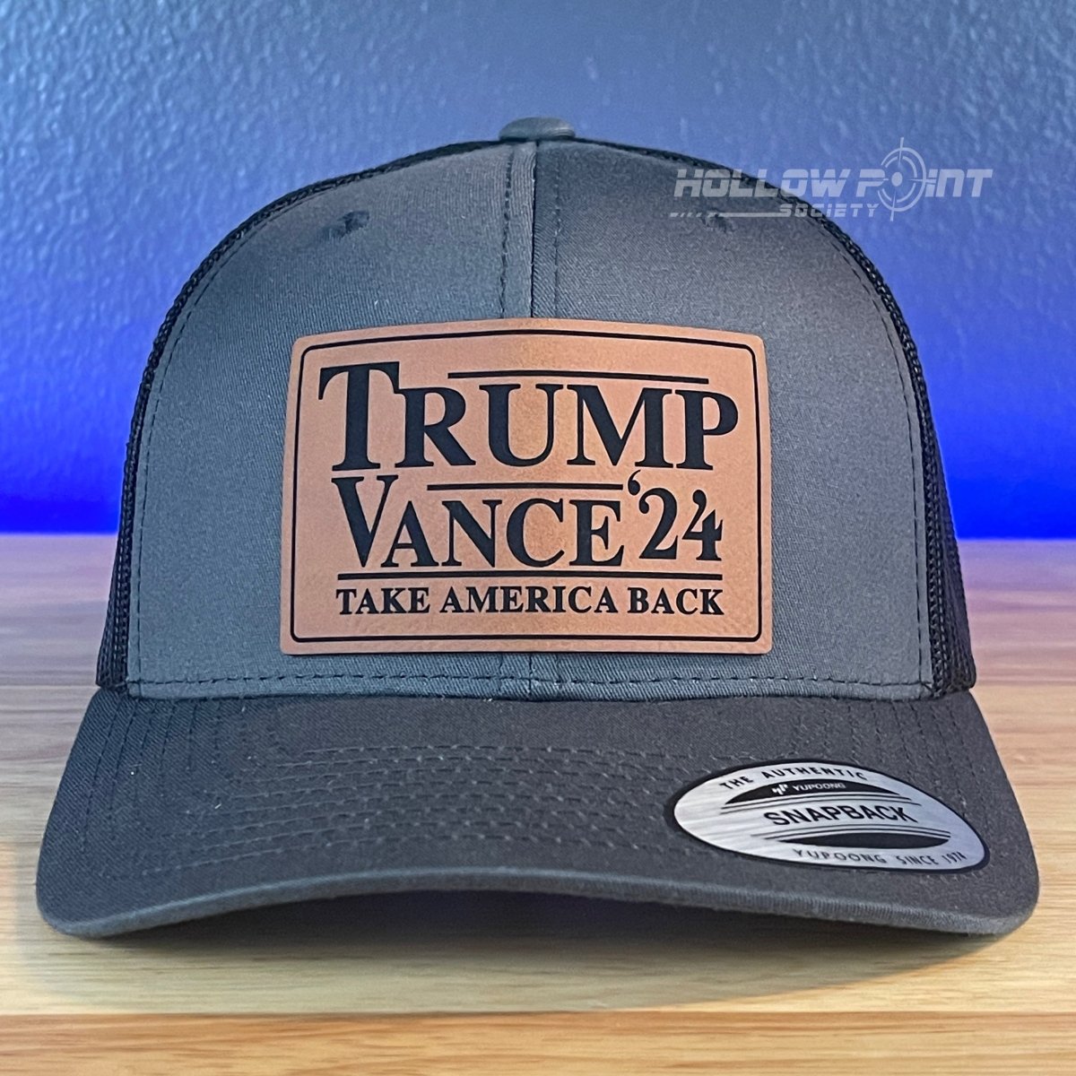 TRUMP VANCE 2024 Take America Back SnapBack Trucker Rawhide Leather Patch Hat Charcoal Patch Hat