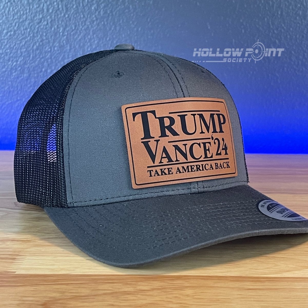 TRUMP VANCE 2024 Take America Back SnapBack Trucker Rawhide Leather Patch Hat Charcoal Patch Hat