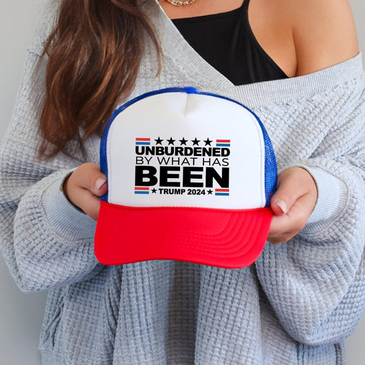 Unburdened By What Has Been Trump 2024 Classic Foam Trucker Hat Red White & Blue Trucker Hat