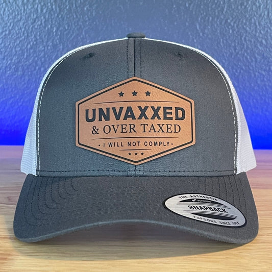 UNVAXXED & OVER TAXED Leather Patch Hat Rawhide Charcoal/White Patch Hat