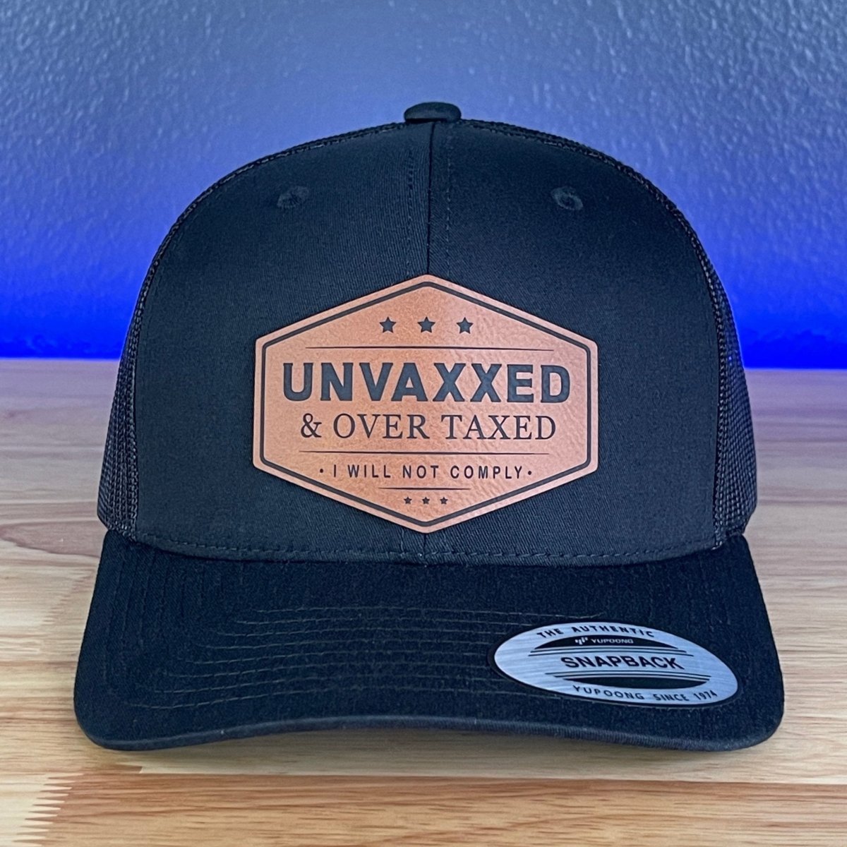 UNVAXXED & OVER TAXED Leather Patch SnapBack Trucker Hat Rawhide