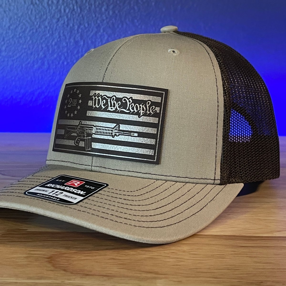 We The People 2nd Amendment American Flag Gold and Brown Leather Patch Hat Patch Hat - VividEditions