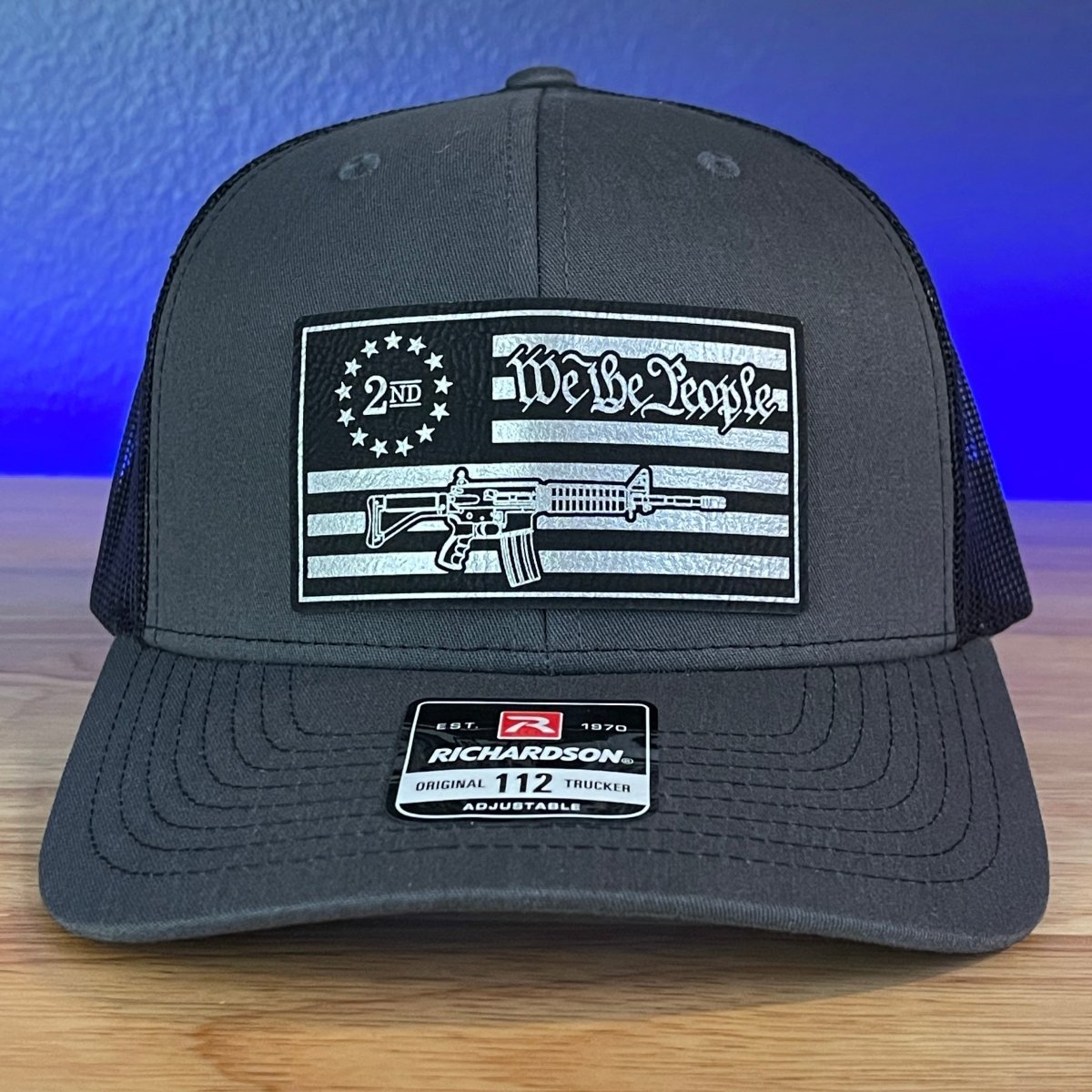 WE THE PEOPLE 2ND AMENDMENT AMERICAN FLAG Patriotic Leather Patch Hat Charcoal/Black Patch Hat