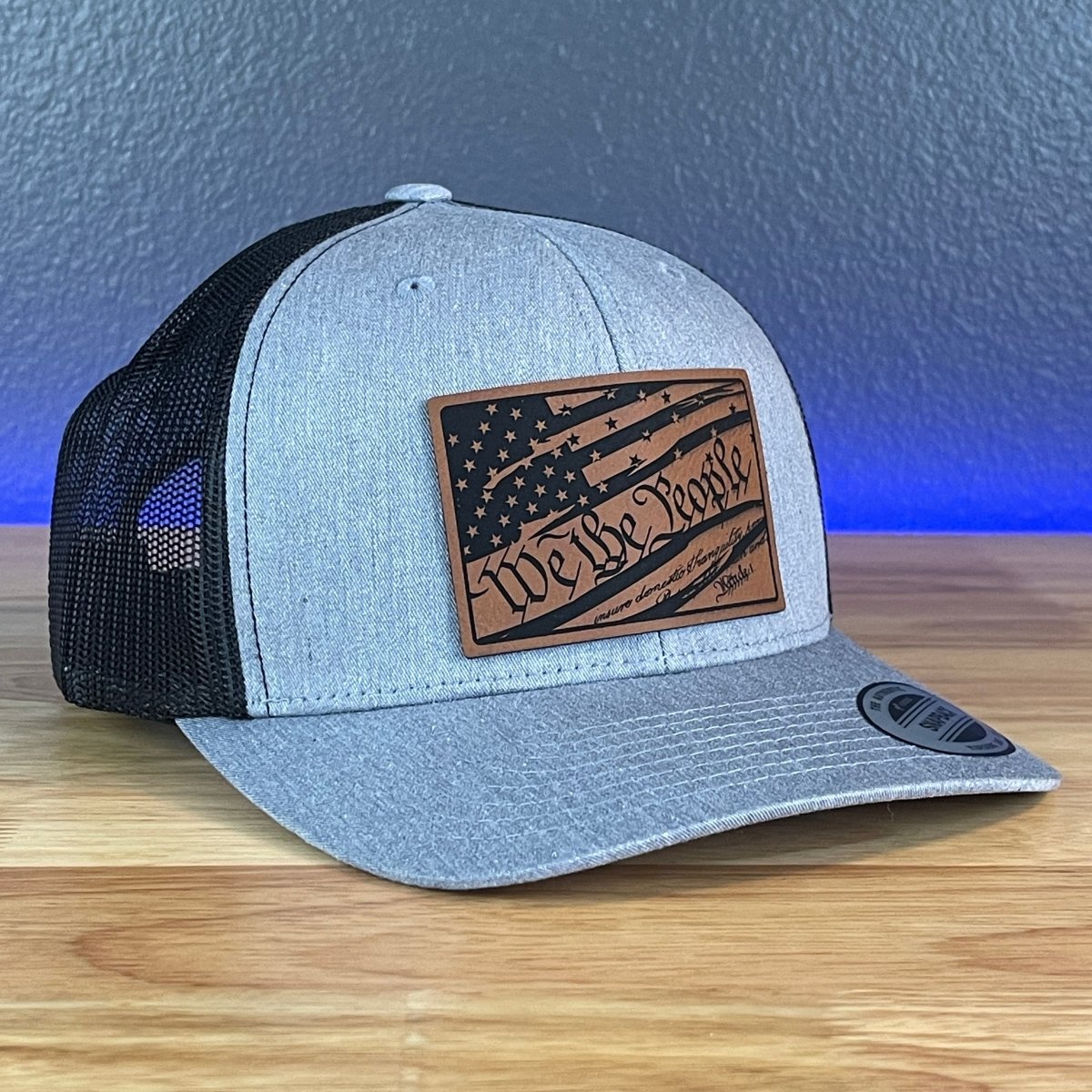 We The People American Flag Constitution Patriotic SnapBack Trucker Rawhide Leather Patch Hat Heather Grey/Black Patch Hat