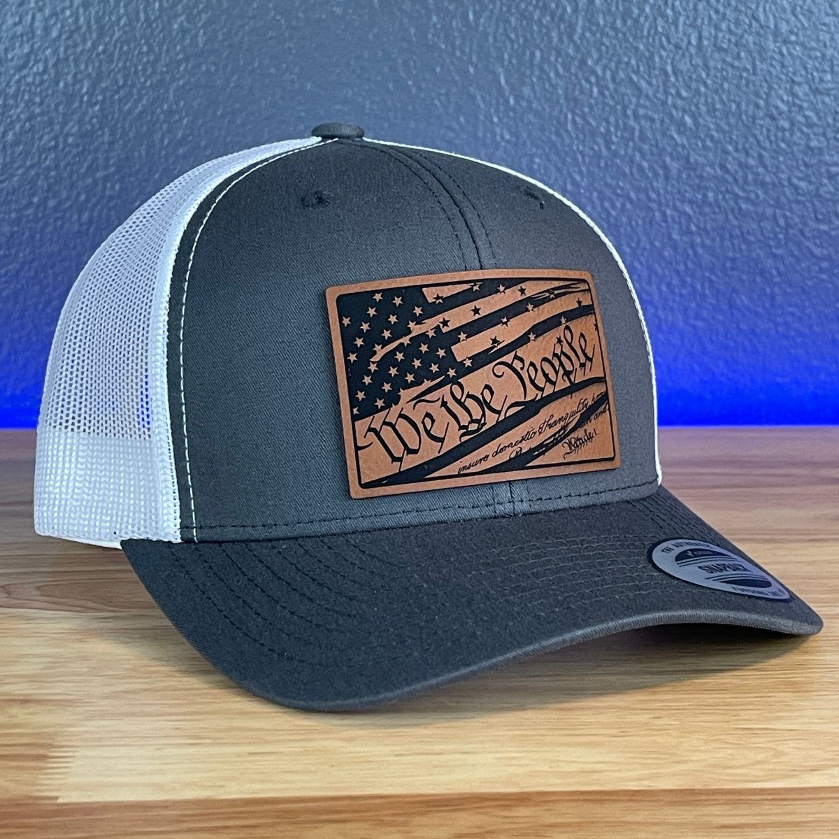 We The People American Flag Patriotic SnapBack Trucker Rawhide Leather Patch Hat Charcoal/White Patch Hat