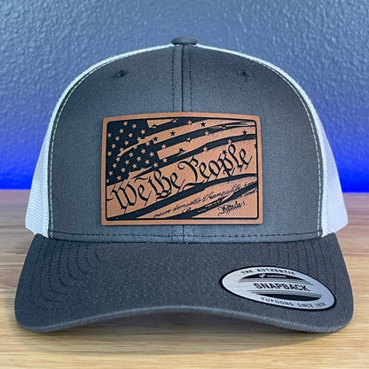 We The People American Flag Patriotic SnapBack Trucker Rawhide Leather Patch Hat Charcoal/White Patch Hat