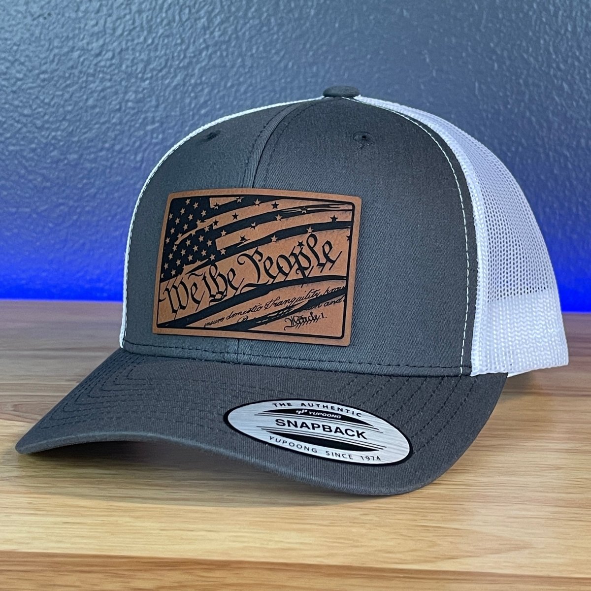 We The People American Flag Patriotic SnapBack Trucker Rawhide Leather Patch Hat Charcoal/White Patch Hat